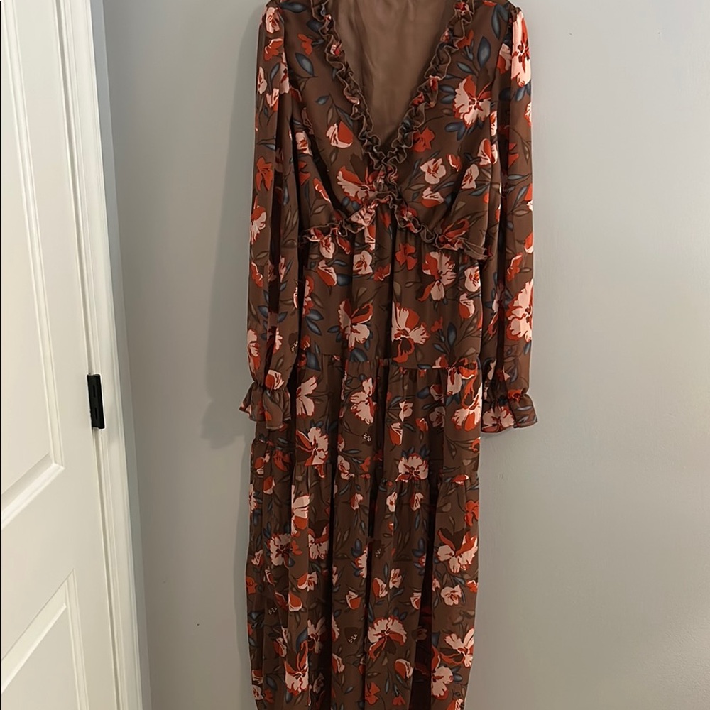 Floral Long Sleeve Dress - Brown and Red